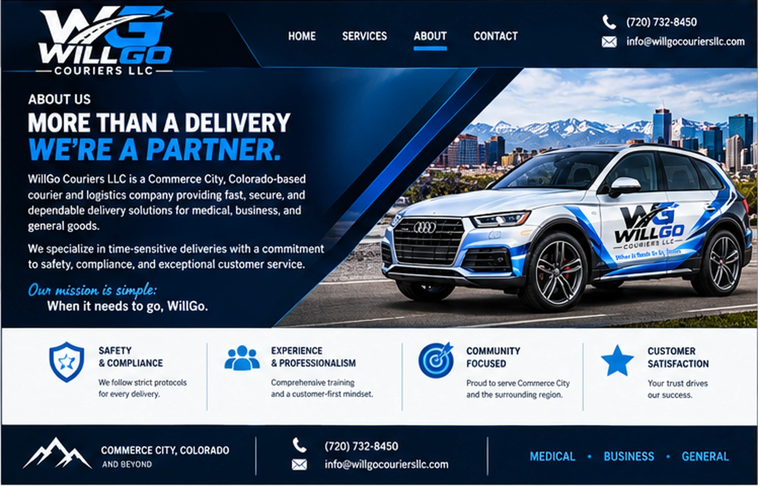WillGo Couriers About website design with branded Audi Q5