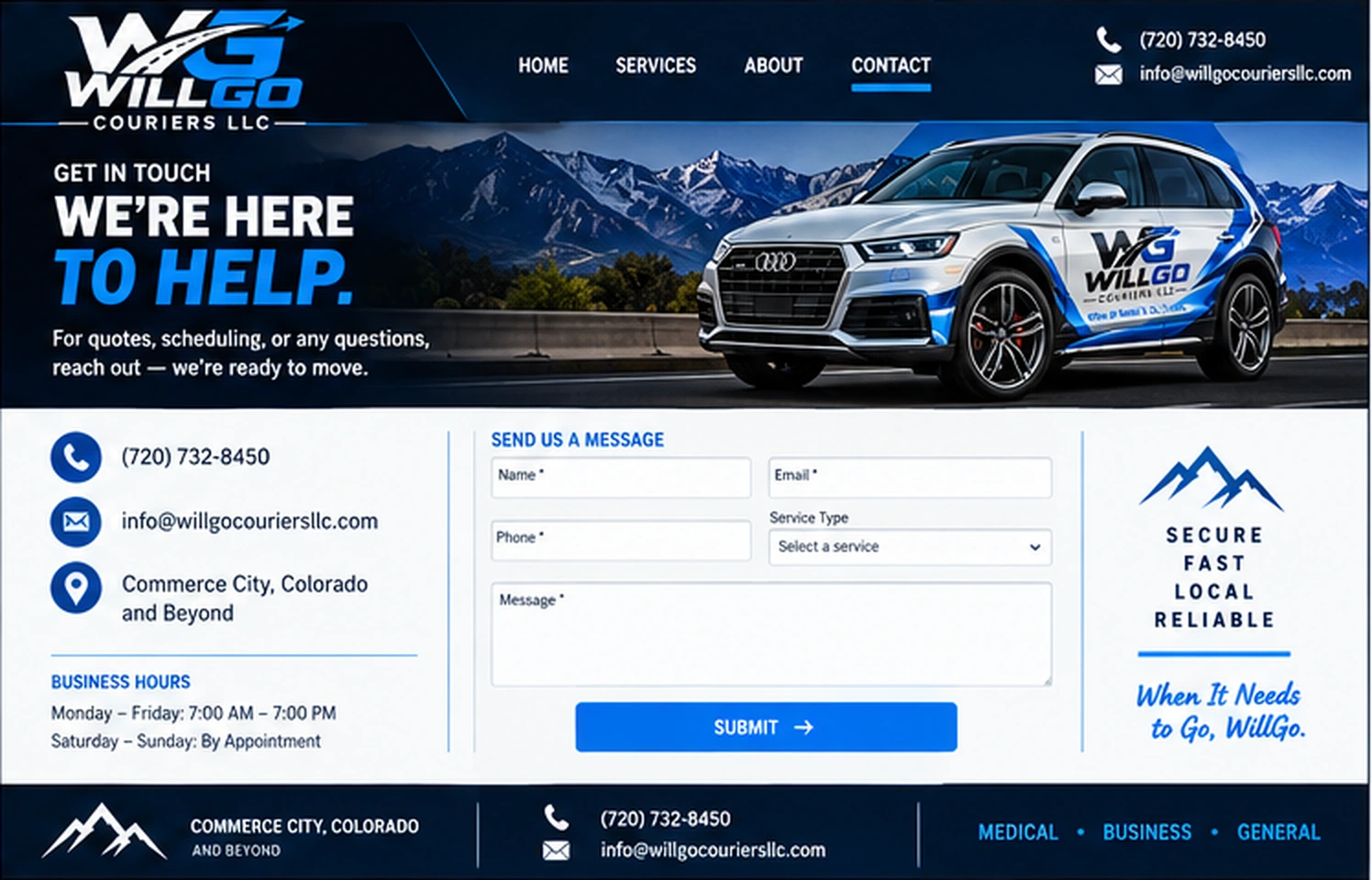 WillGo Couriers Contact website design with branded Audi Q5