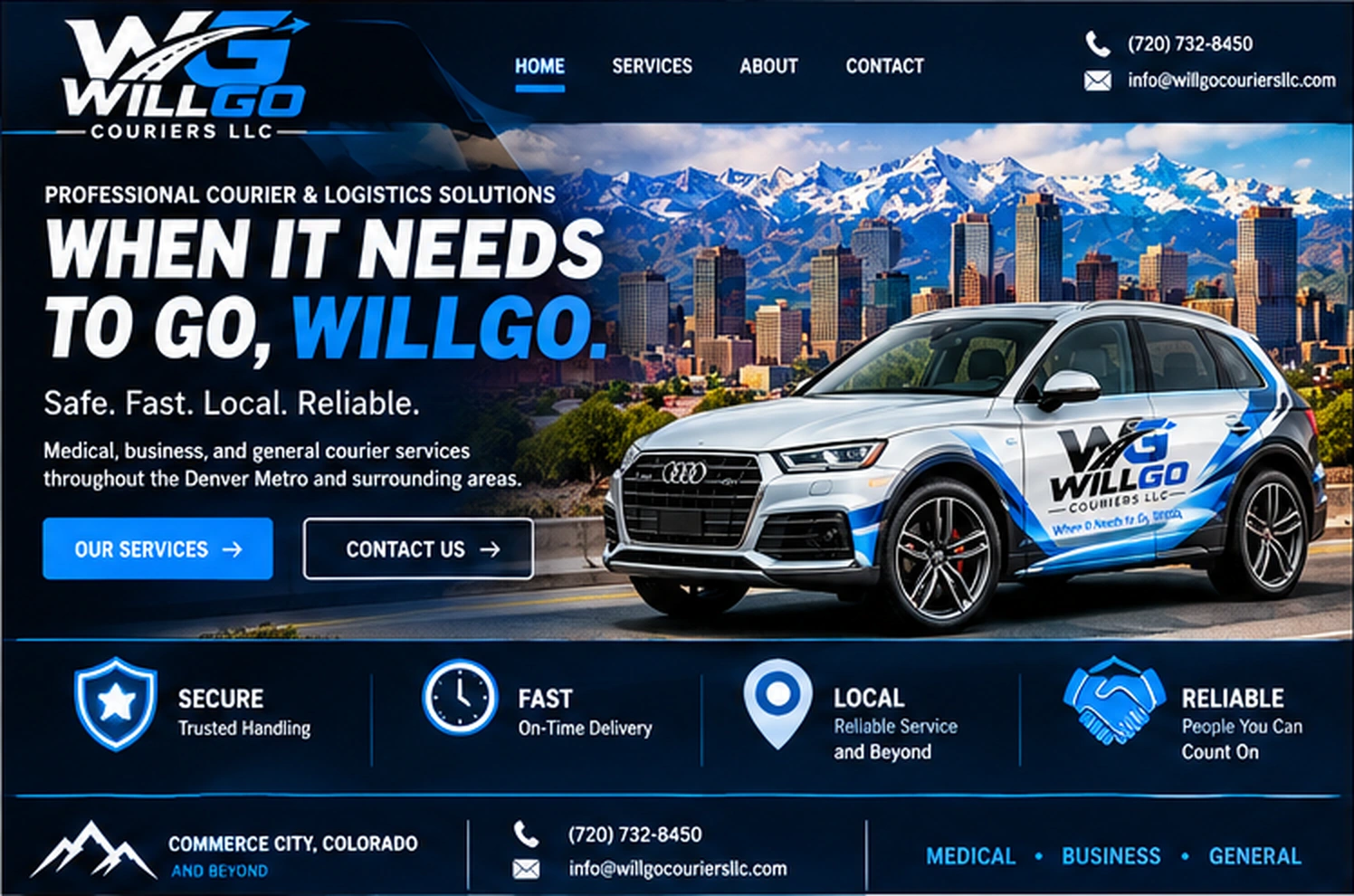 WillGo Couriers Home website design with branded Audi Q5