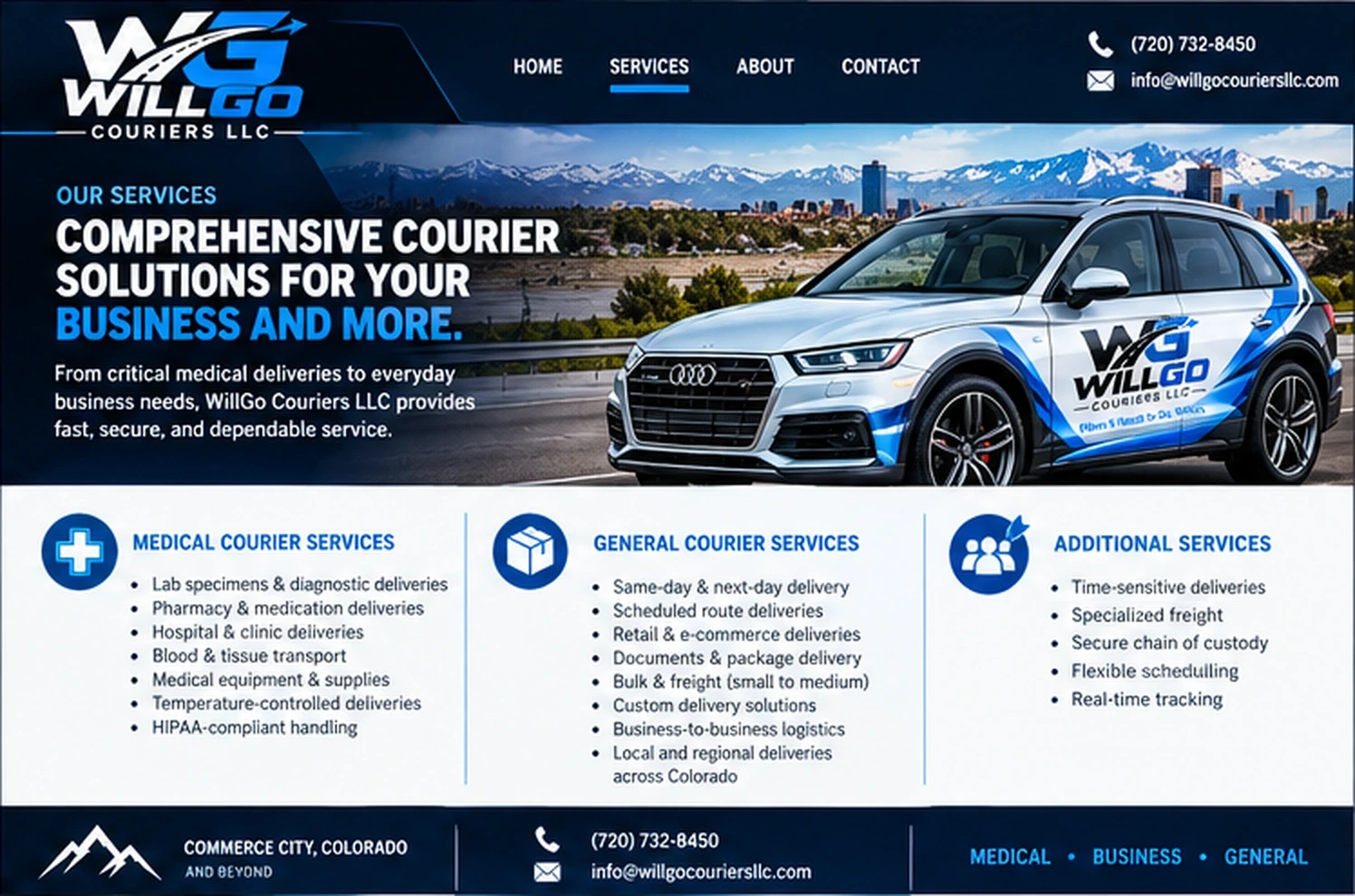 WillGo Couriers Services website design with branded Audi Q5